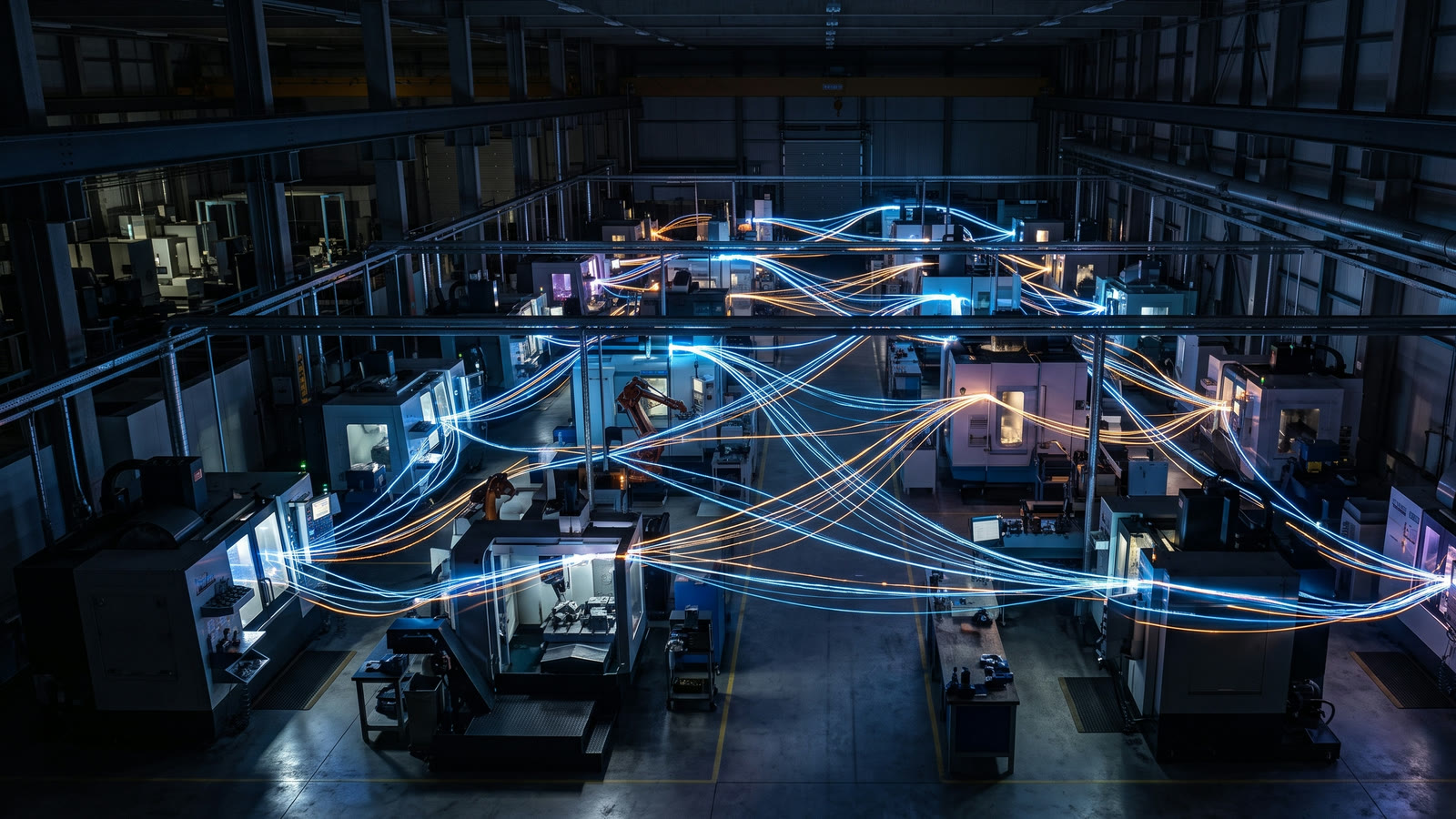 Vue plongeante d'un atelier d'usinage : des traînées lumineuses bleues et ambre relient les machines entre elles, figurant la donnée qui circule.