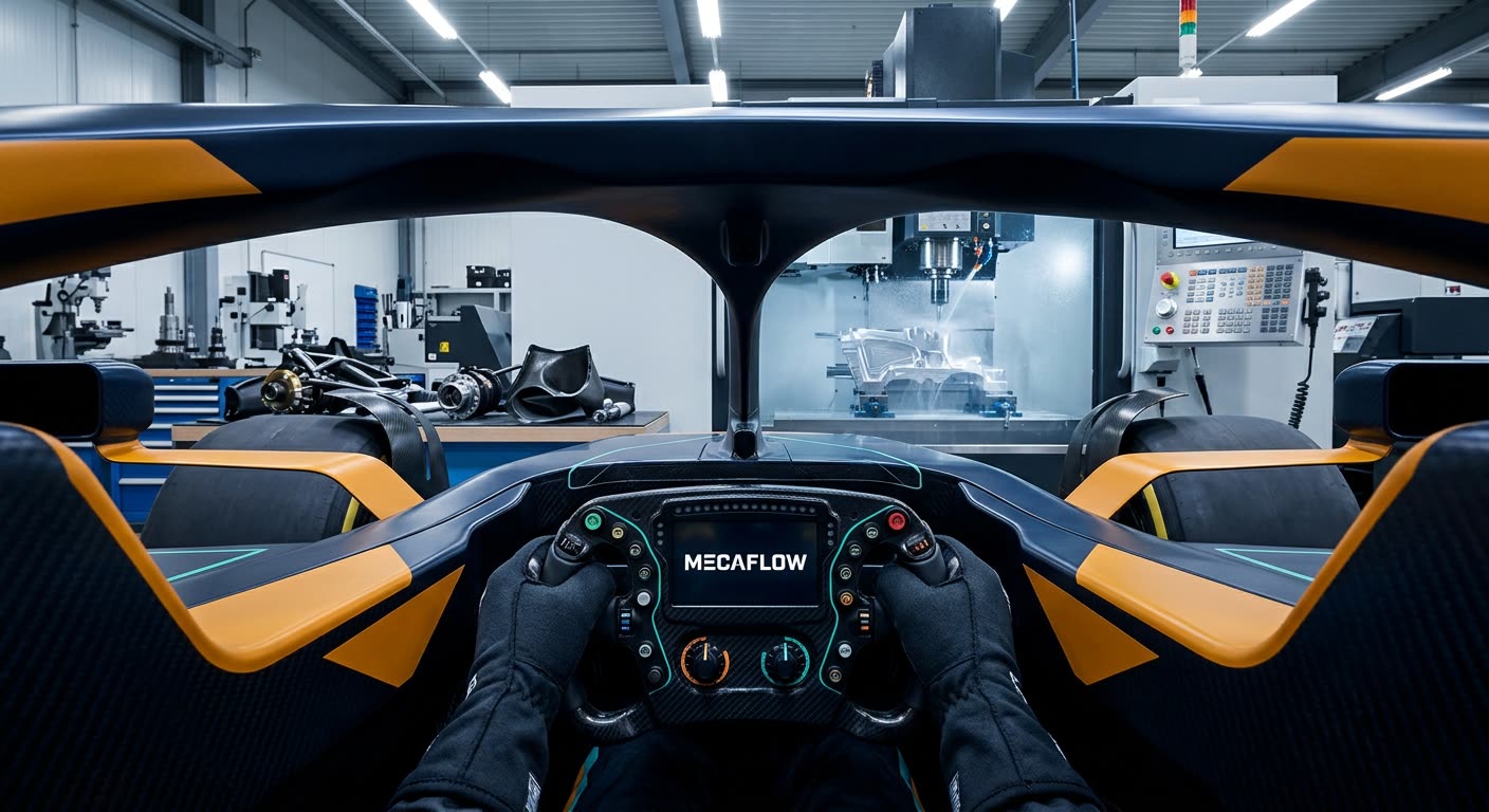 Vista dall’abitacolo di una monoposto, volante con display MECAFLOW, di fronte a un centro di lavoro CNC che lavora un pezzo in un’officina di meccanica di precisione.