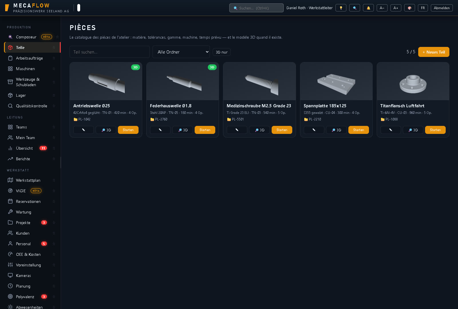 Der Teilekatalog von MECAFLOW: fünf Teile mit 3D-Vorschau, Material, Maschine und Vorgabezeit.