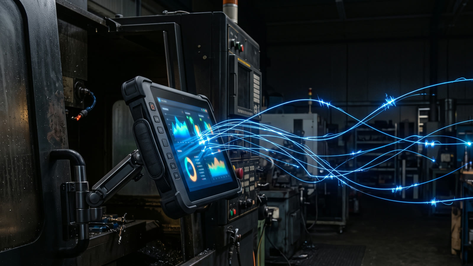 Une tablette durcie montée sur bras articulé au bord d'une machine, des traînées lumineuses bleues partant de son écran vers le reste de l'atelier.