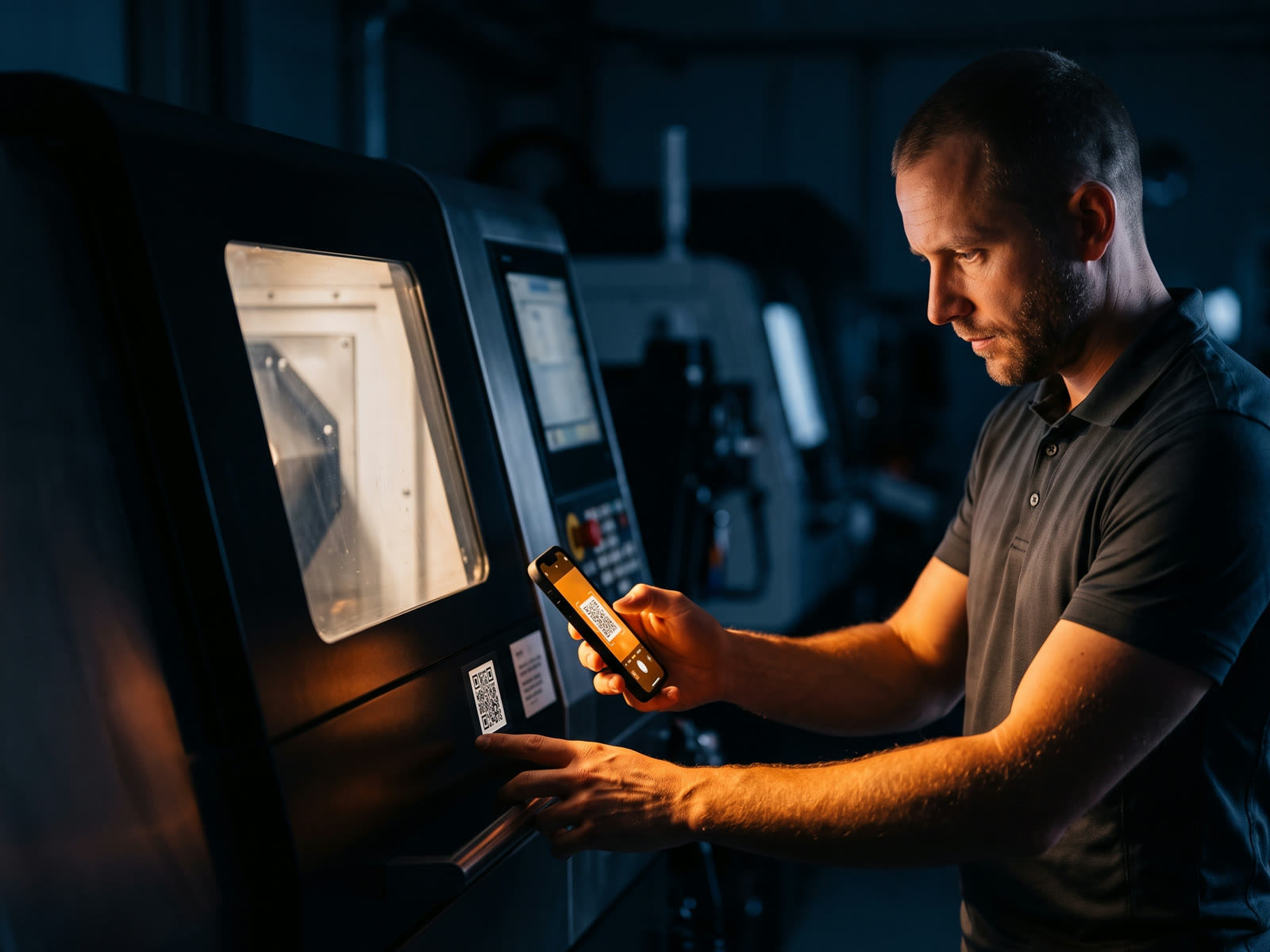Un opérateur scanne l'étiquette QR collée sur sa machine pour en changer le statut.