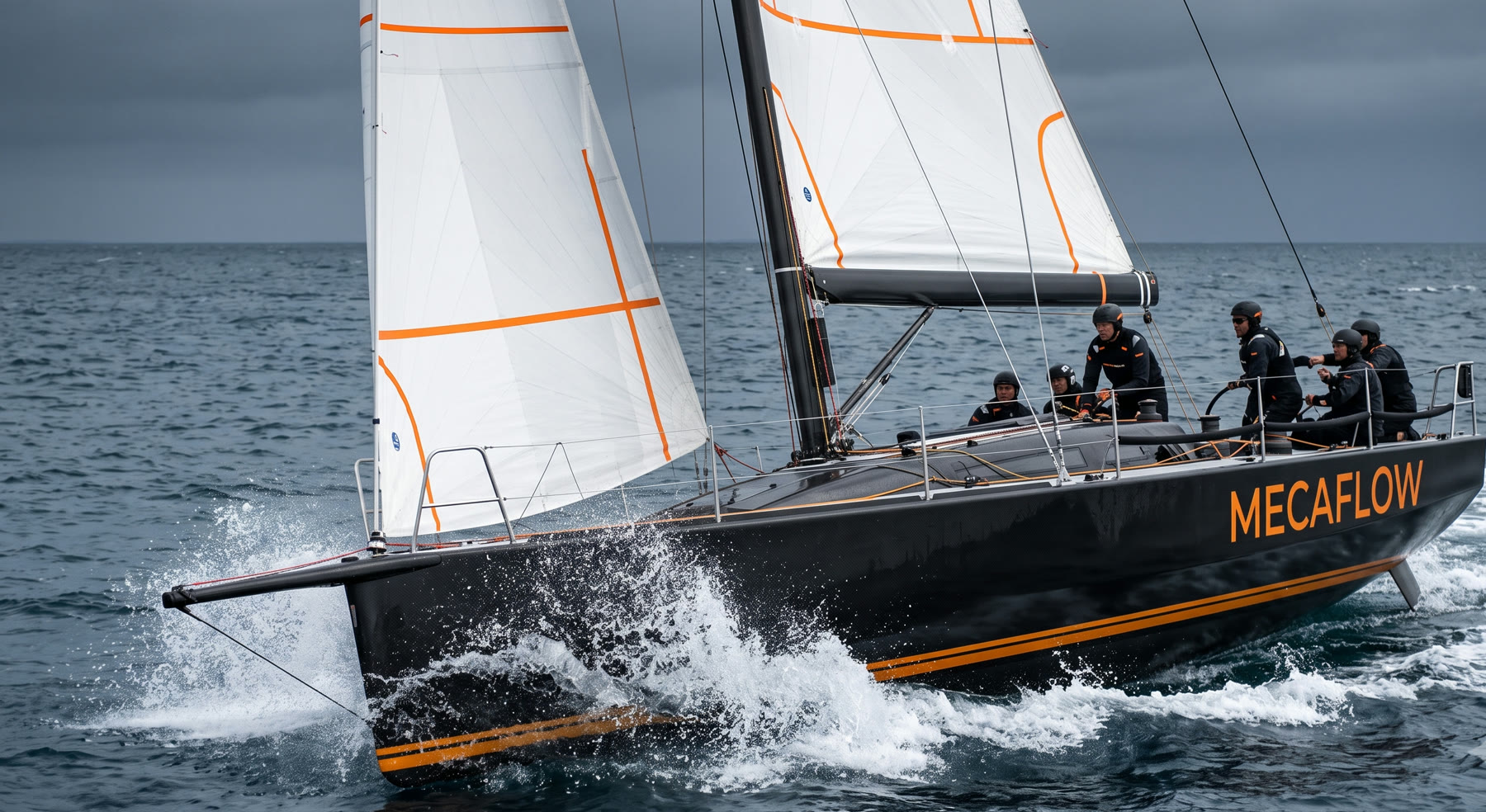 Voilier de course aux couleurs MECAFLOW — coque carbone et accents ambre — au portant dans une mer formée.